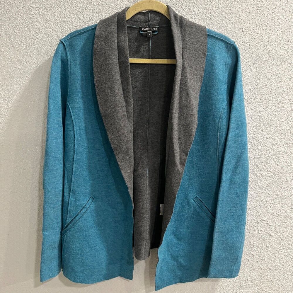 Eileen Fisher Merino Wool Cardigan Sweater Womens Medium Teal Double Knit Jacket